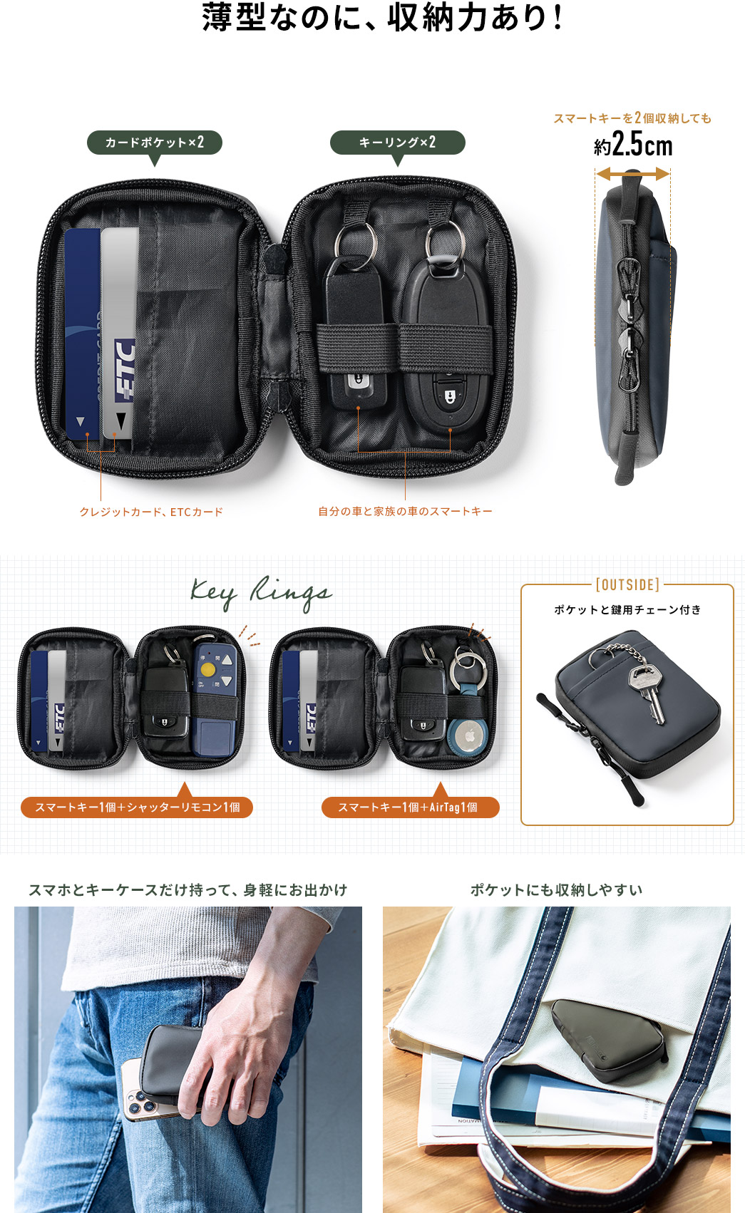 薄型なのに、収納力あり！ スマホとキーケースだけ持って、身軽にお出かけ ポケットにも収納しやすい