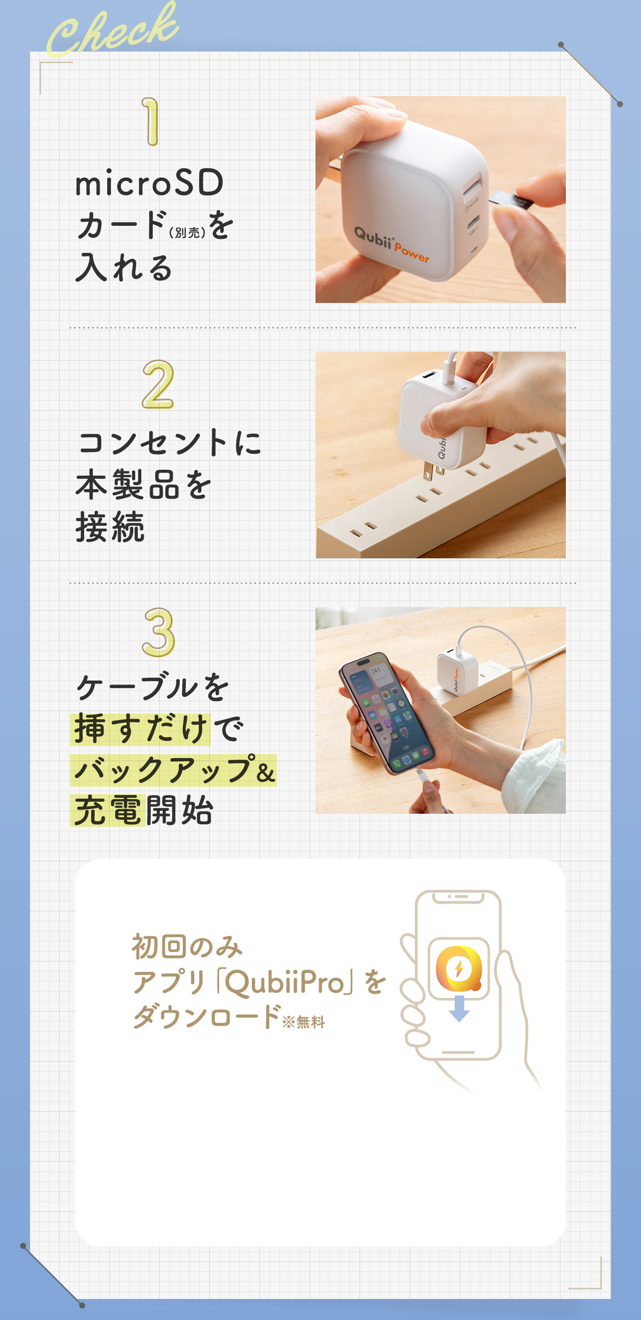 microSD カード(別売)を入れる コンセントに本製品を接続 ケーブルを挿すだけでバックアップ＆充電開始