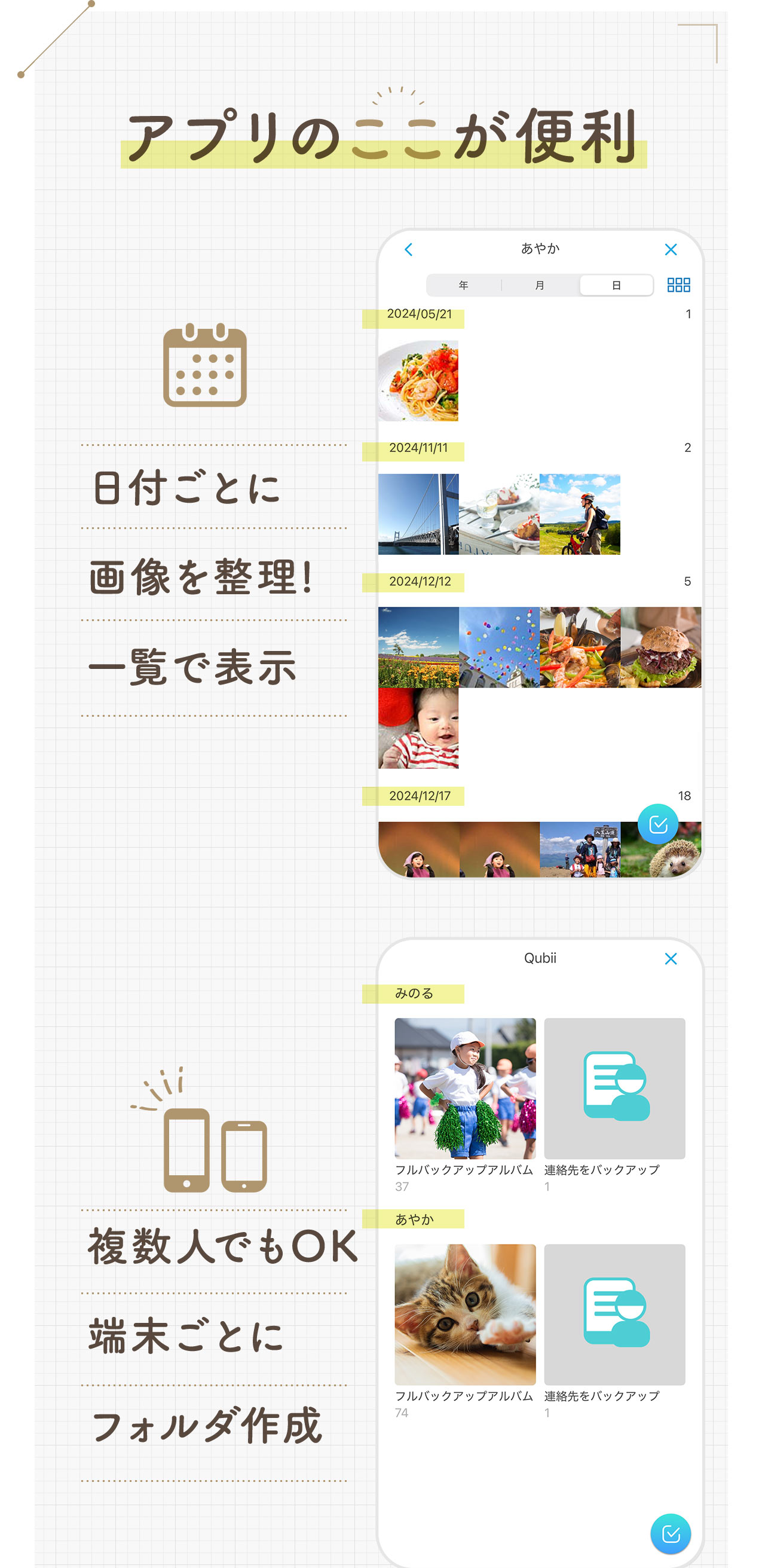 アプリのここが便利 日付ごとに画像を整理！一覧で表示 複数人でもOK端末ごとにフォルダ作成