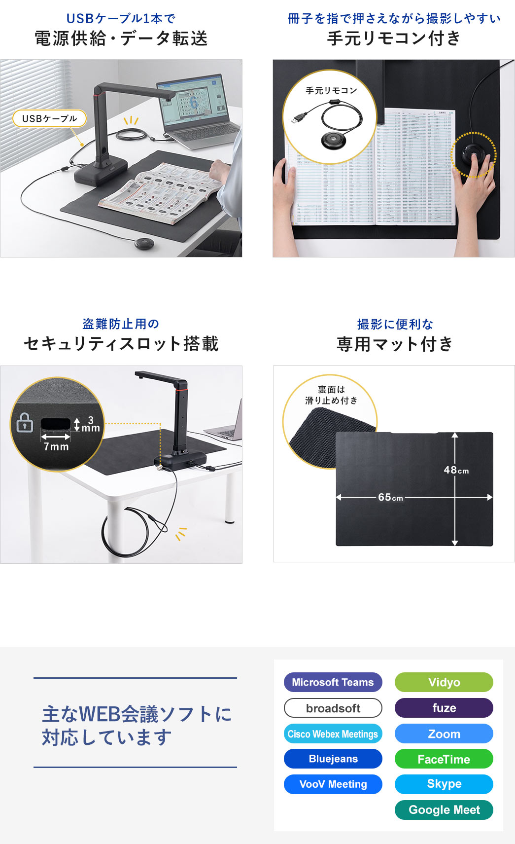 USBケーブル1本で電源供給 データ転送 冊子を指で押さえながら撮影しやすい手元リモコン付き 盗難防止用のセキュリティスロット搭載 撮影に便利な専用マット付き 主なWEB会議ソフトに対応しています