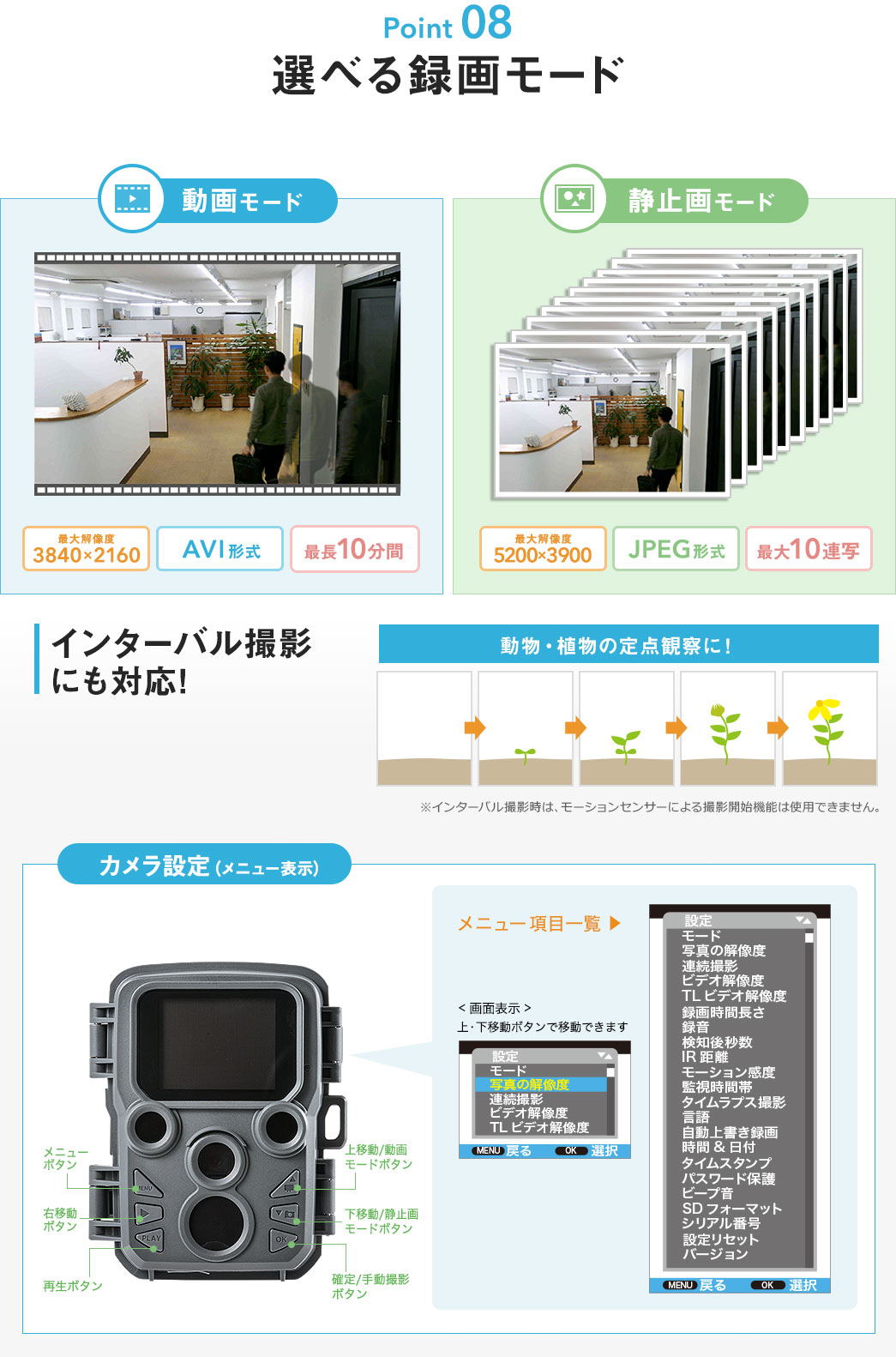 選べる録画モード 動画モード 静止画モード インターバル撮影にも対応 カメラ設定（メニュー表示）