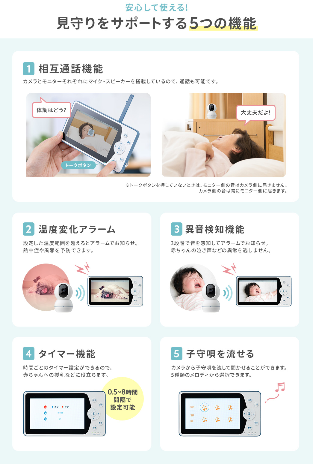 安心して使える!見守りをサポートする5つの機能 1相互通話機能 2温度変化アラーム 3異音検知機能 4タイマー機能 5子守唄を流せる