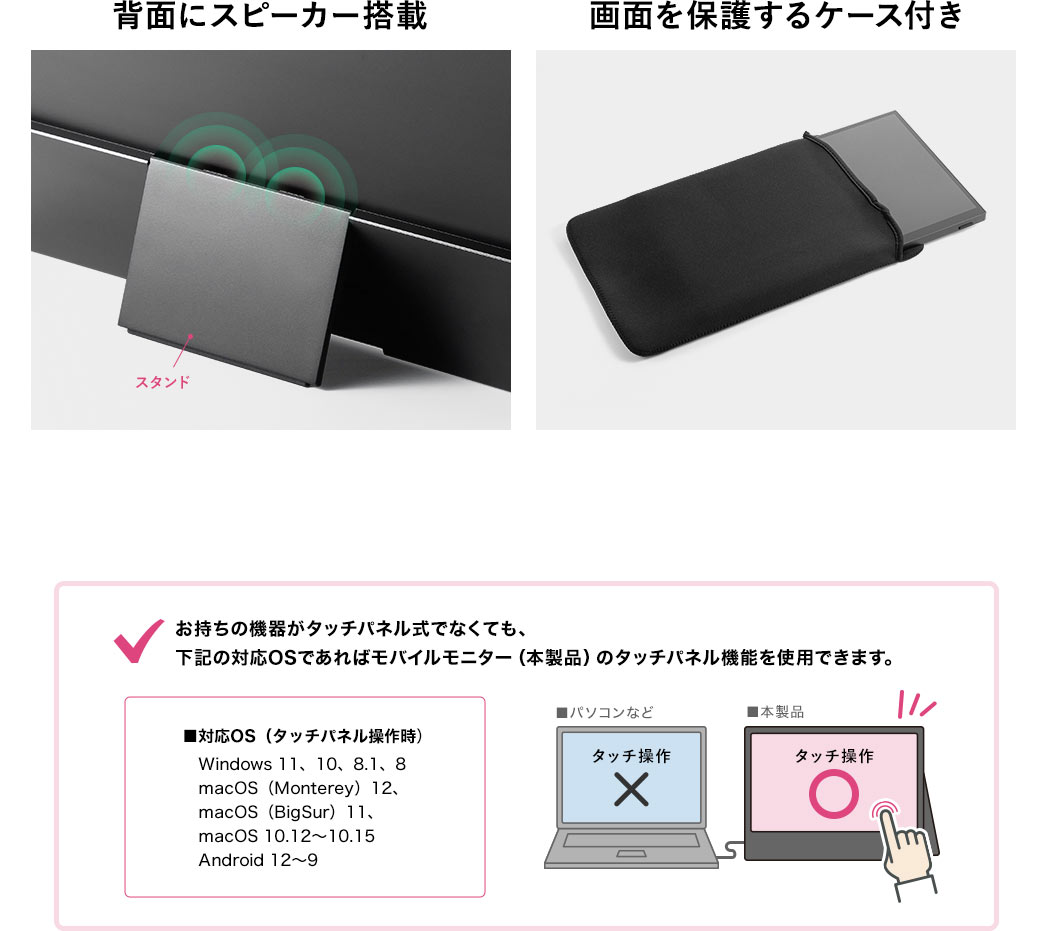 背面にスピーカー搭載 画面を保護するケース付き