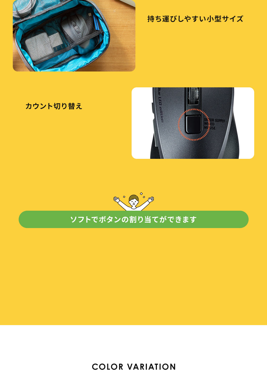 持ち運びしやすい小型サイズ カウントの切り替え ソフトでボタンの割り当てができます
