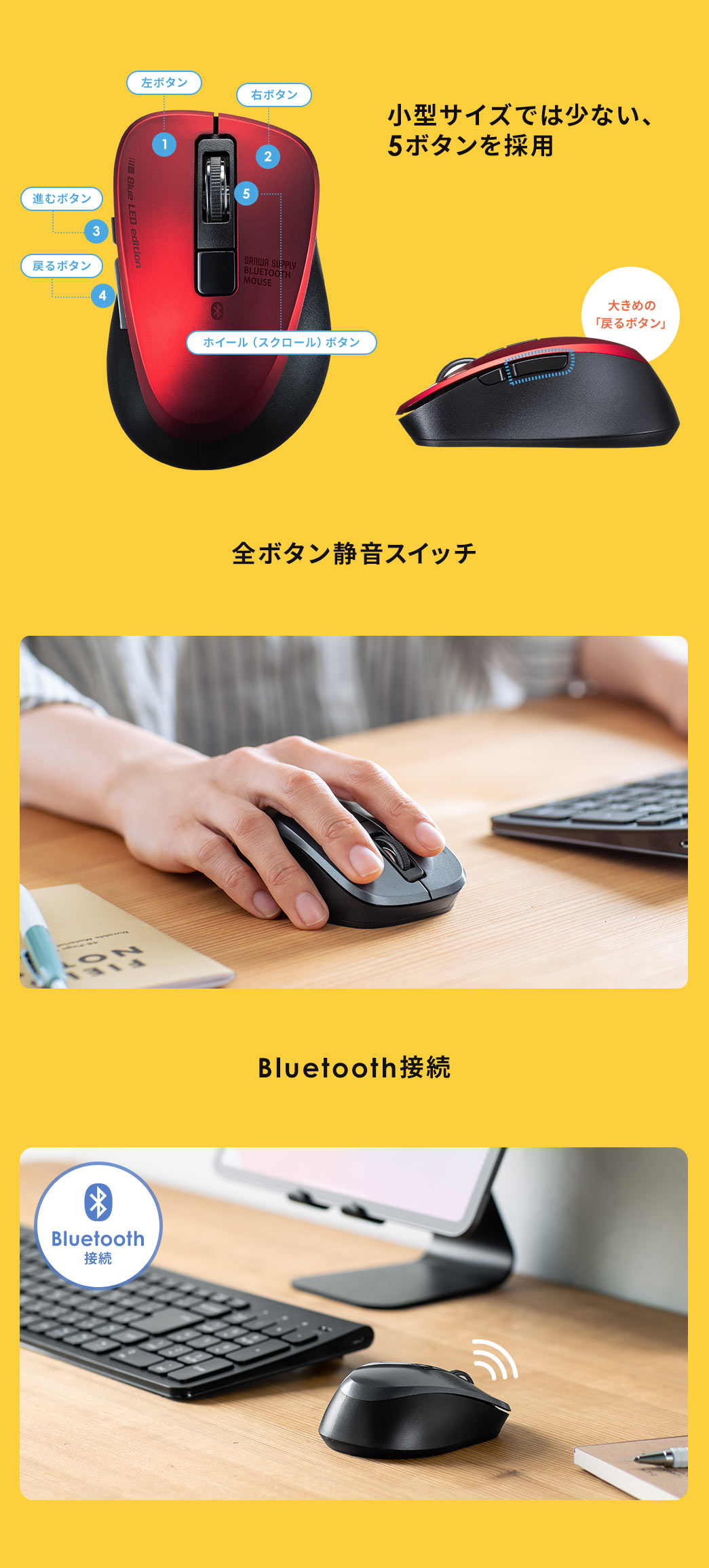 小型サイズでは少ない5ボタンを採用 全ボタン静音スイッチ Bluetooth接続