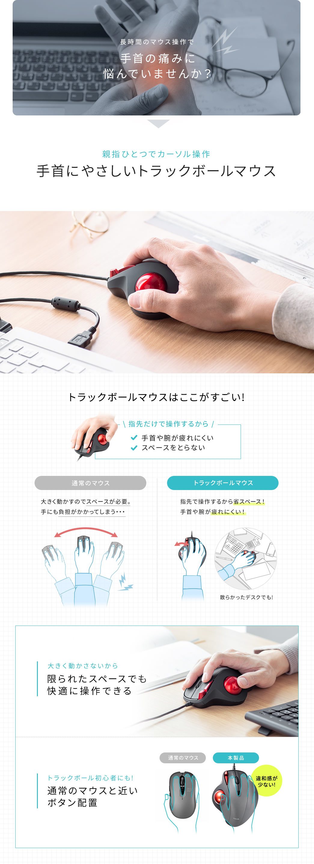 親指ひとつでカーソル操作 手首にやさしいトラックボールマウス 限られたスペースでも快適に操作できる 通常のマウスと近いボタン配置 