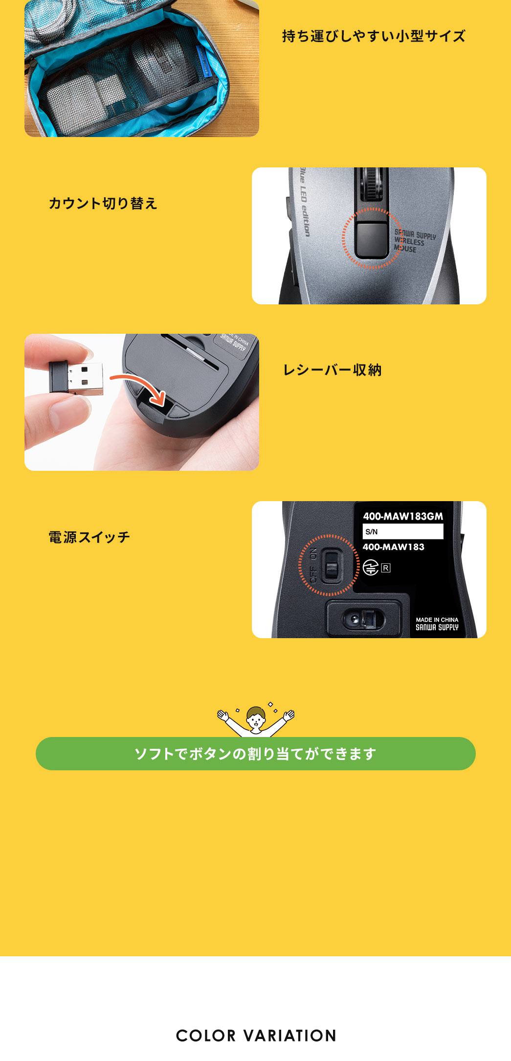 持ち運びしやすい小型サイズ カウントの切り替え ソフトでボタンの割り当てができます