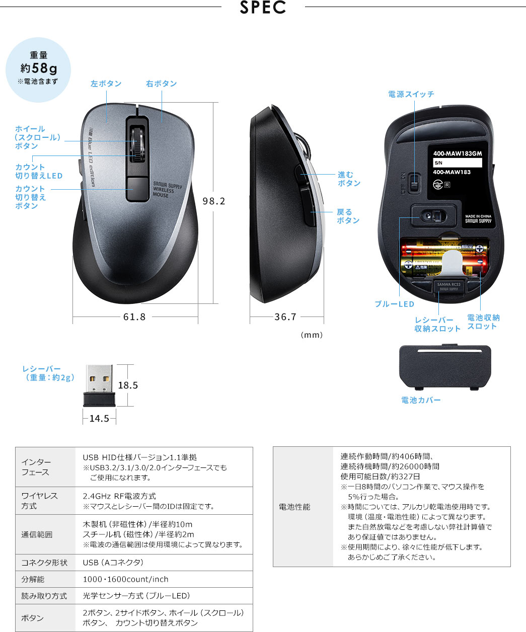 SPEC 重量約58g