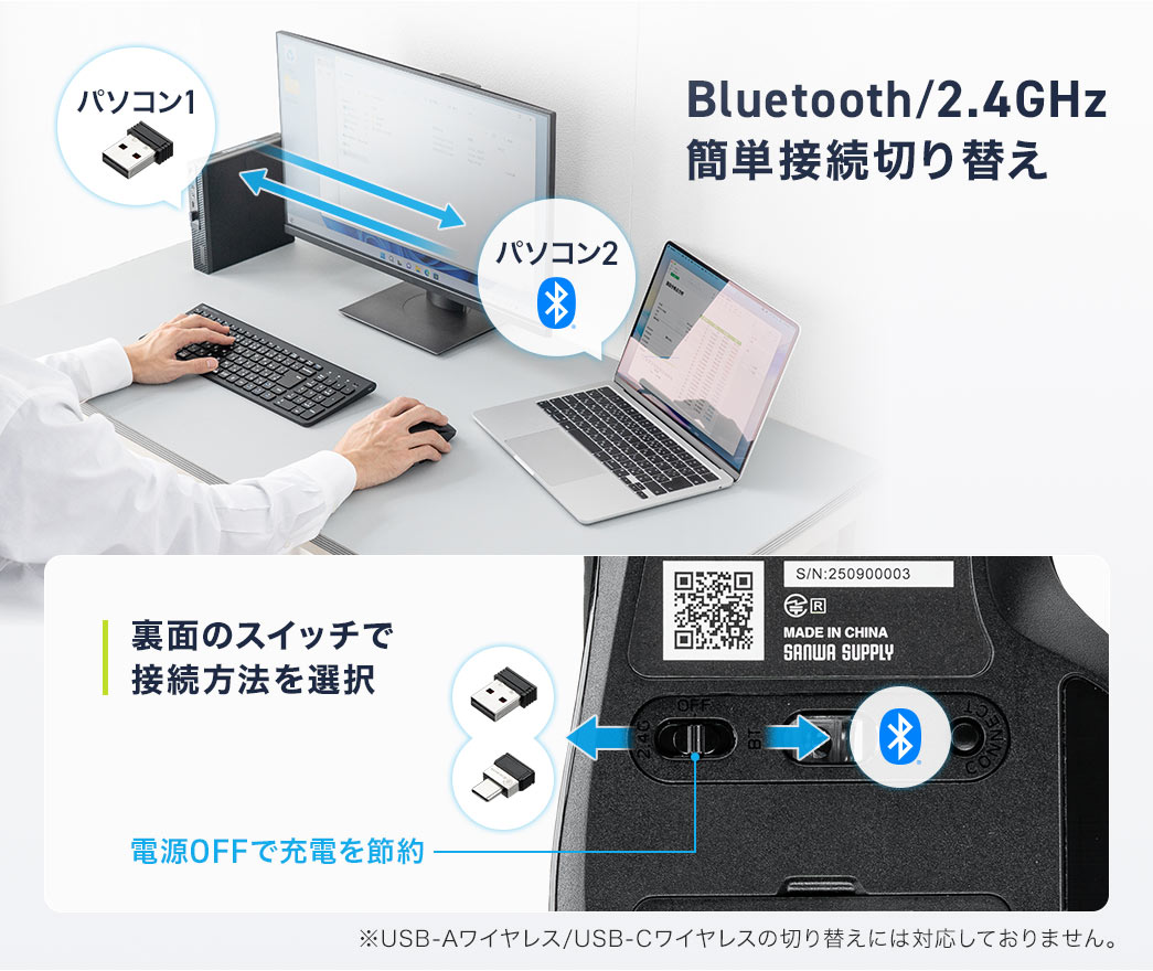 Bluetooth、2.4GHzの接続切り替えが簡単に行えます。接続方法は裏面のスイッチで選択可能で、電源OFFで充電を節約できます。※USB-Aワイヤレス、USB-Cワイヤレスの切り替えには対応しておりません。