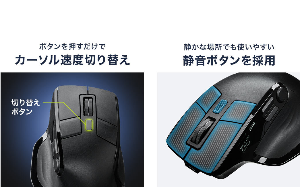 ボタンを押すだけで、カーソル速度を切り替え可能。さらに、静かな場所でも使いやすい、静音ボタンを採用しています。