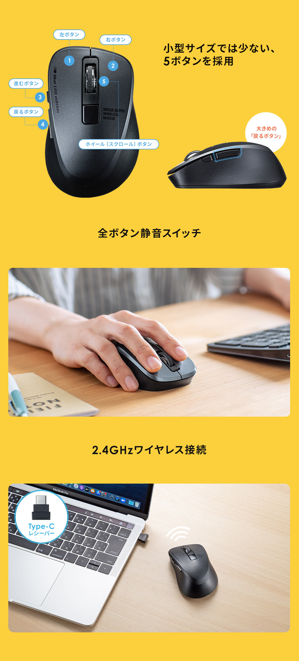 小型サイズでは少ない5ボタンを採用 全ボタン静音スイッチ 2.4GHzワイヤレス接続