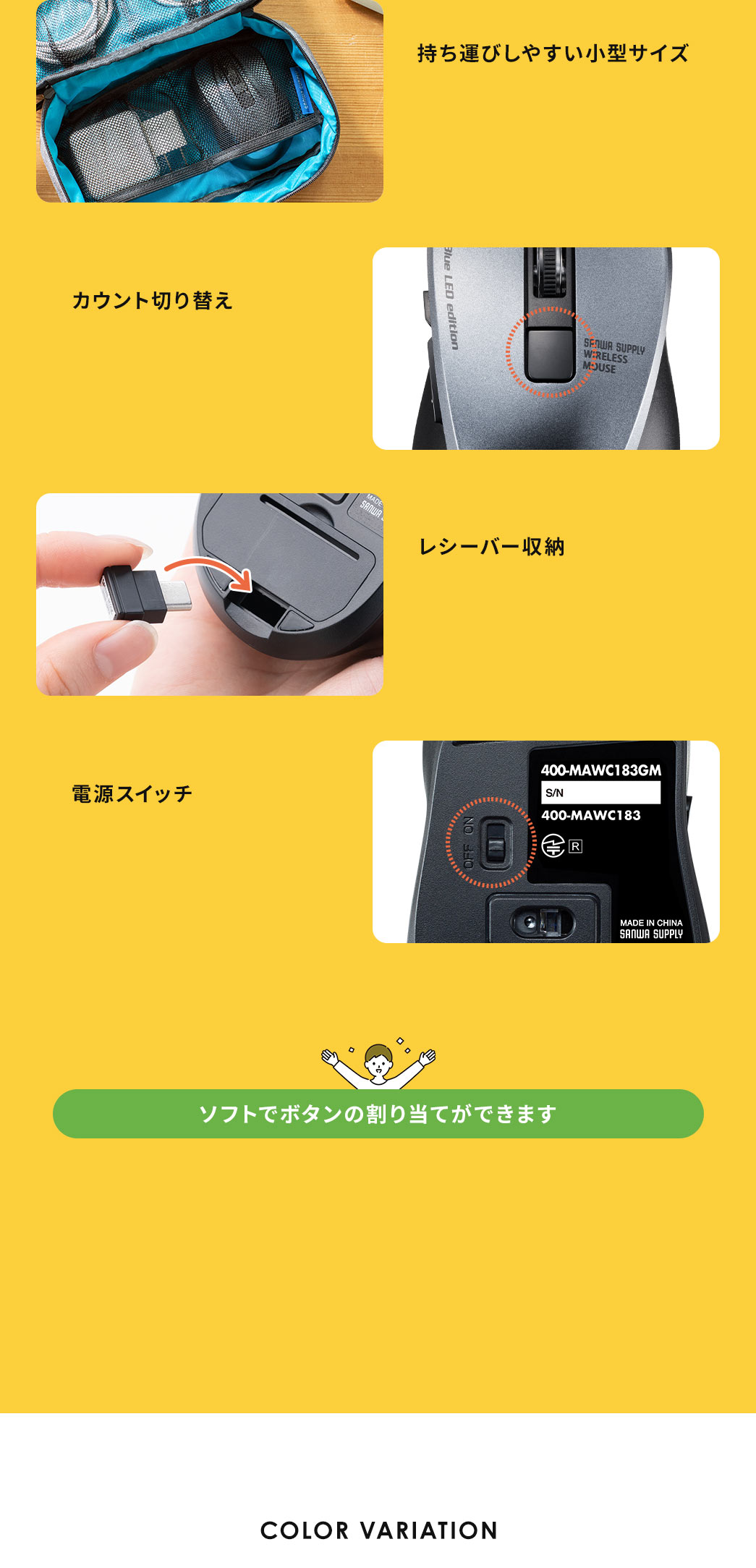 持ち運びしやすい小型サイズ カウントの切り替え ソフトでボタンの割り当てができます