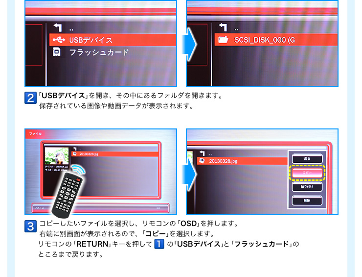SDカードからUSBメモリへのコピーも可能です　コピー機能の手順