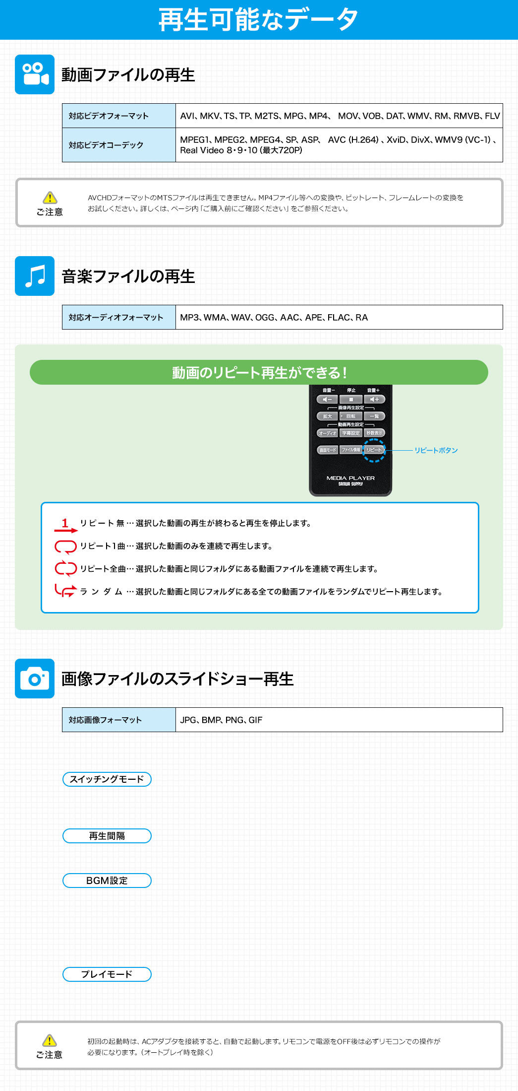 再生可能なデータ 動画ファイルの再生 音楽ファイルの再生 画像ファイルのスライドショー再生