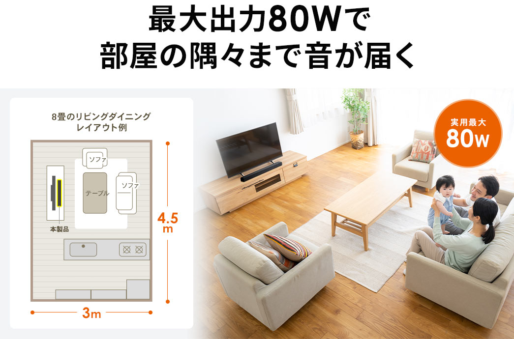 最大80Wで部屋の隅々まで音が届く
