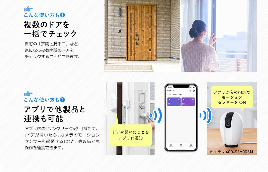 こんな使い方も? 複数のドアを一括でチェック こんな使い方も? アプリで他製品と連携も可能