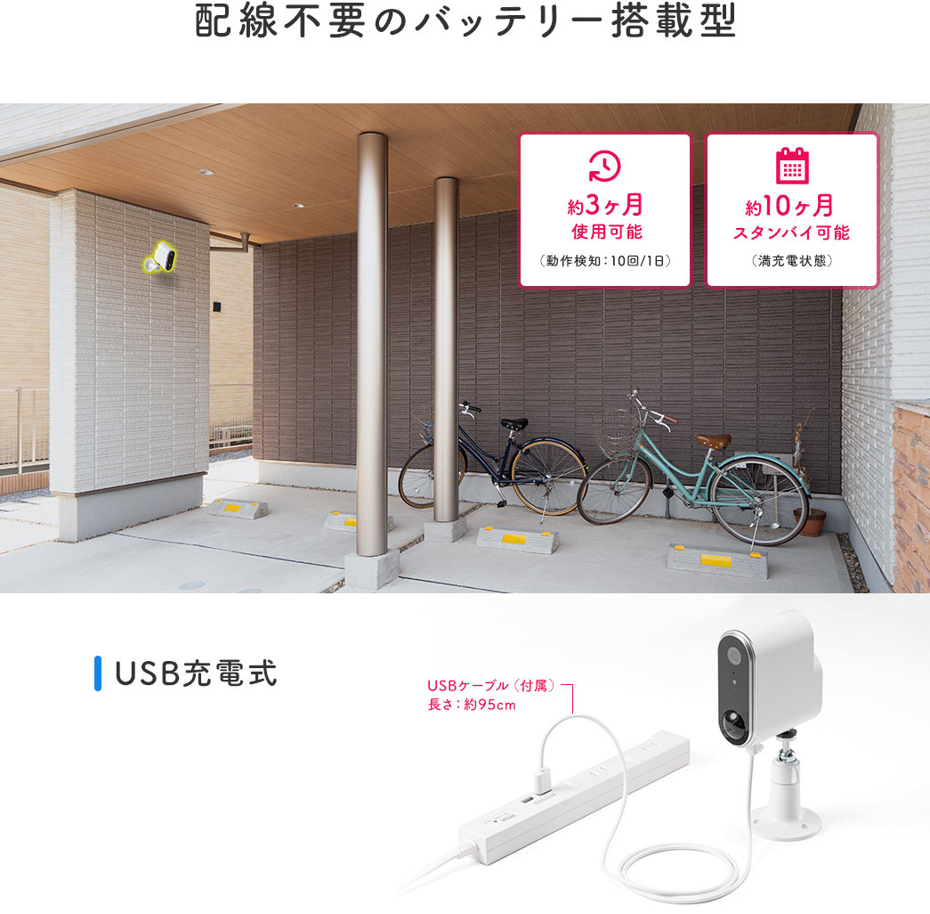 配線不要のバッテリー搭載型 USB充電式