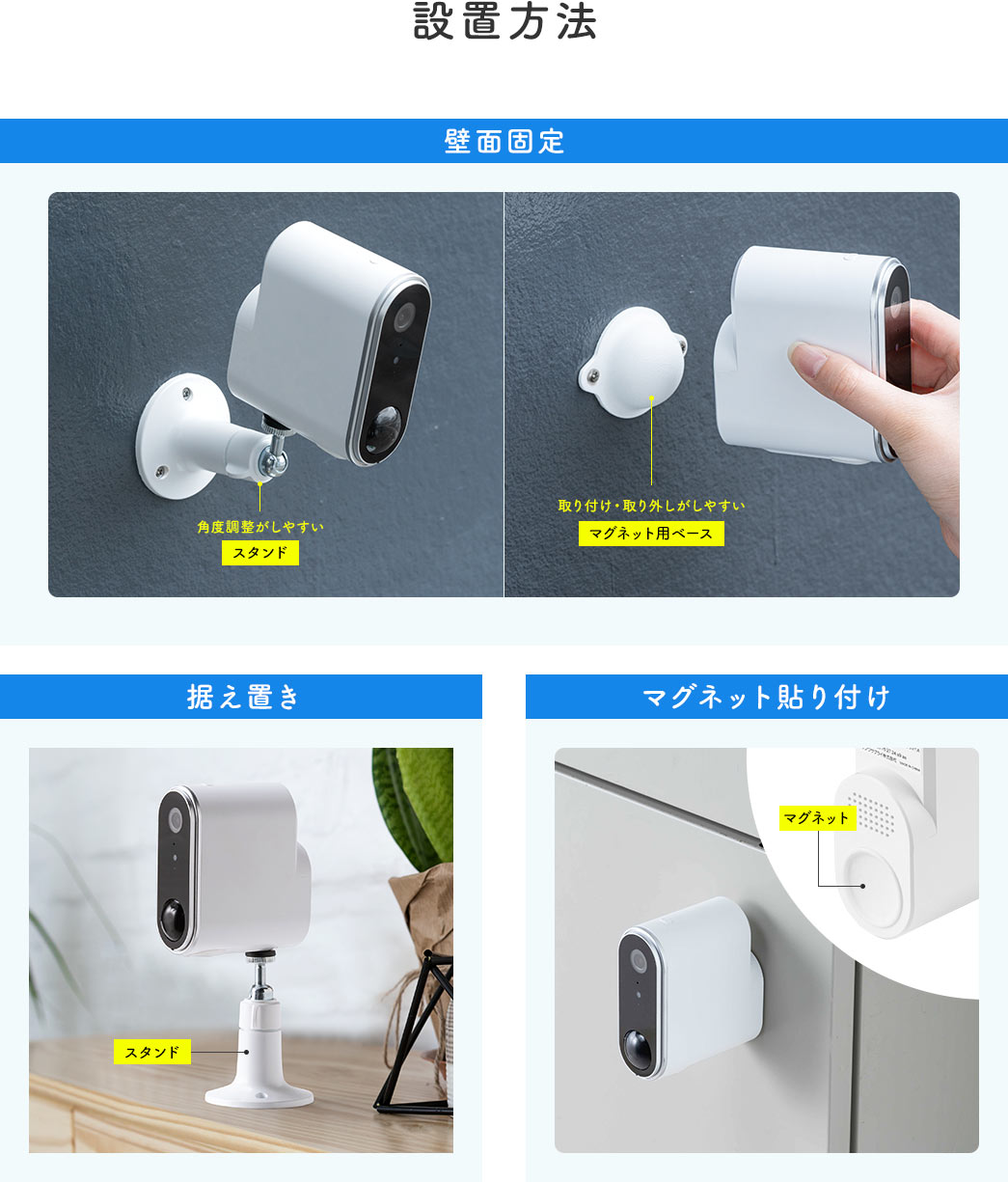 設置方法 壁面固定 据え置き マグネット貼り付け