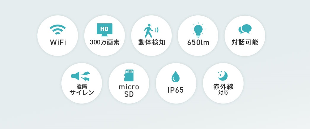 WiFi 300万画素 動体検知 650lm 対話可能 遠隔サイレン microSD 防水 赤外線対応