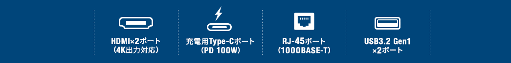 HDMIポート(4K/60Hz) 充電専用Type-C(PD 100W) LANポート(最大速度1Gbps) USB3.2 Gen1×2ポート