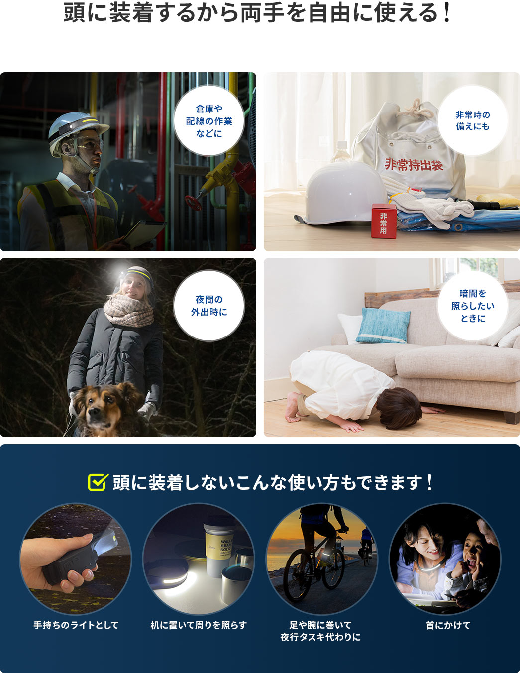頭に装着するから両手を自由に使える！