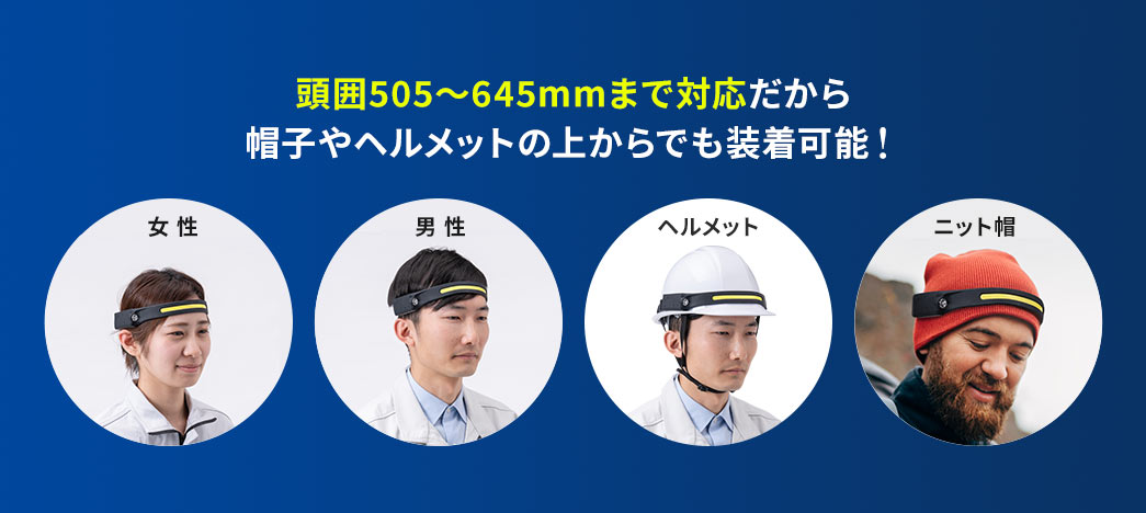 頭囲505～645mmまで対応だから帽子やヘルメットの上からでも装着可能！