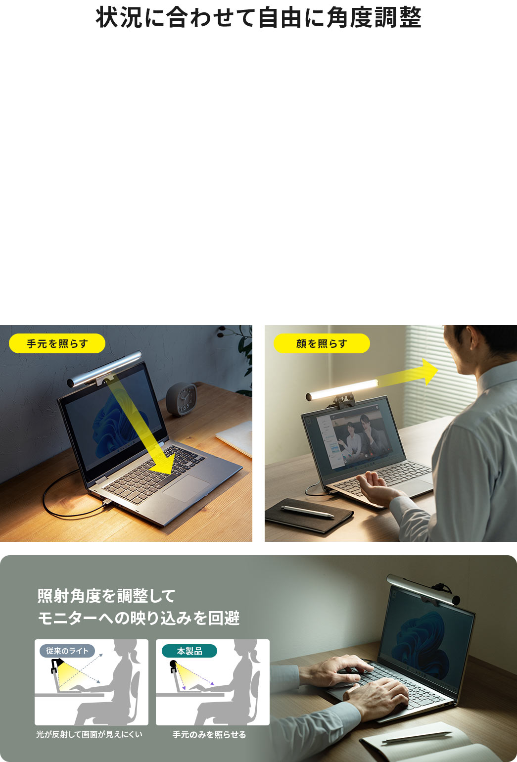 状況に合わせて自由に角度調整 照射角度を調整してモニターへの映り込みを回避