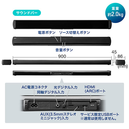 Bluetooth対応 サウンドバー HDMI ARC メモリダイレクト/2.1ch サウンドバースピーカー ワイヤレスサブ