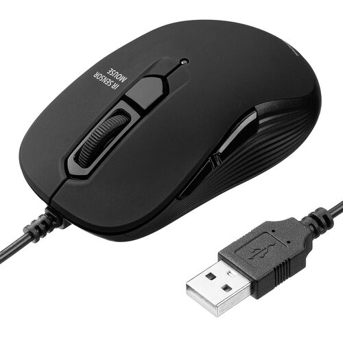 小型有線マウス USB A接続 戻る/進む 5ボタン 静音 カウント切替え ラバーコーティング ブラック