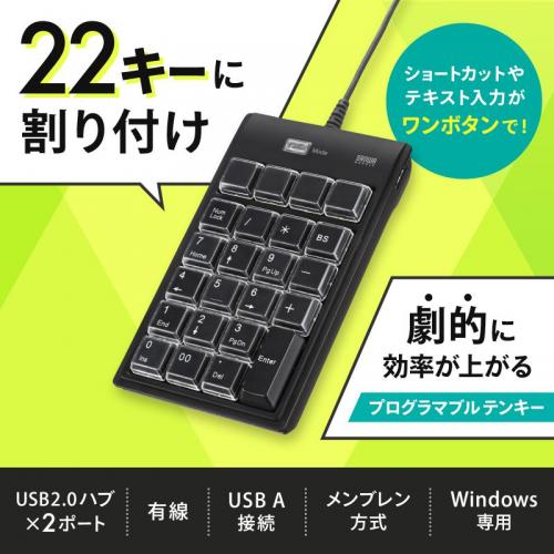 【アウトレット】プログラマブルテンキー NT-19UH2BKN2 22キー割当 有線 USB-A接続 DTM CAD ショートカット カスタマイズ マクロ USBハブ